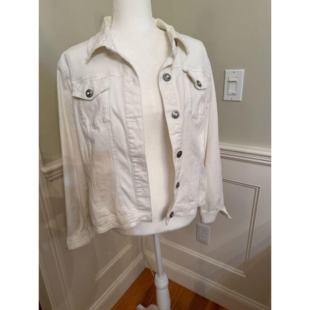 Baccini White Denim Jacket XL Rhinestone Button Stretch Cotton